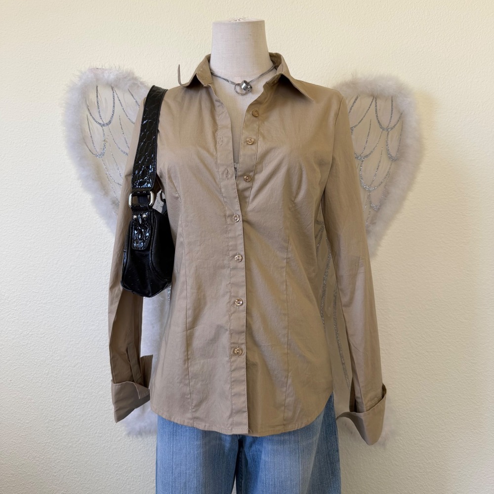 Office Siren Stretch Tan Collared Button up Shirt Fitted Minimal Officecore Y2K